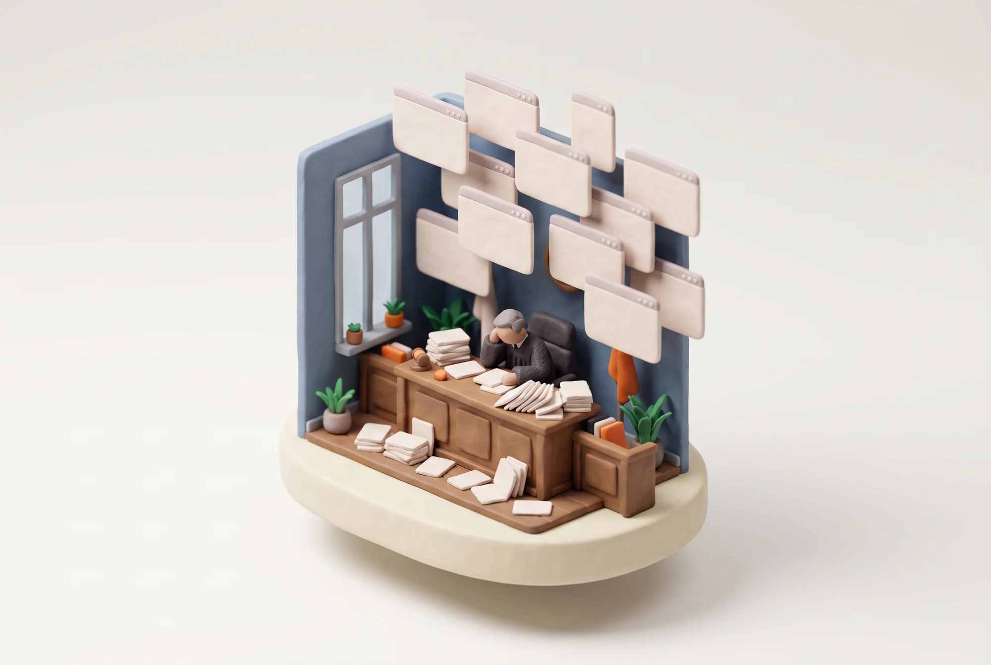 Clay diorama of a courtroom. The judge sits at the bench, dwarfed by a dozen floating panels like open browser windows and a desk buried in papers.