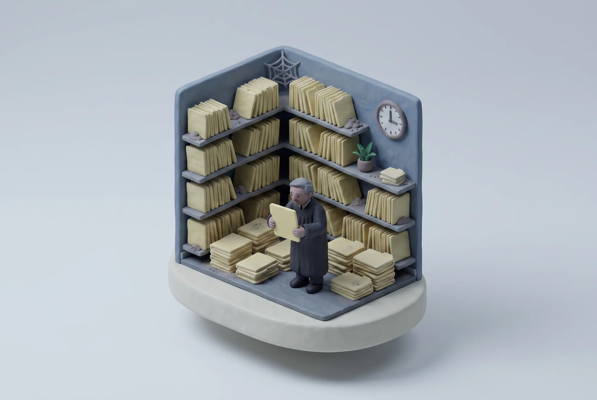 Clay diorama of a dusty archive. Sagging shelves of identical yellowed folders, a stopped wall clock, and the judge examining one file.