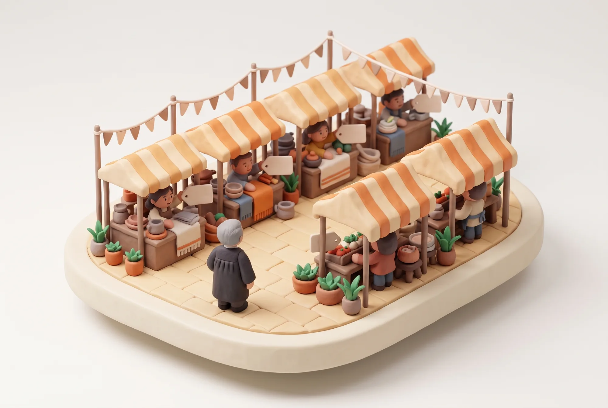 Clay diorama of a row of market stalls, each with a vendor leaning forward holding a blank price tag, while the judge watches from the foreground with their back to us.