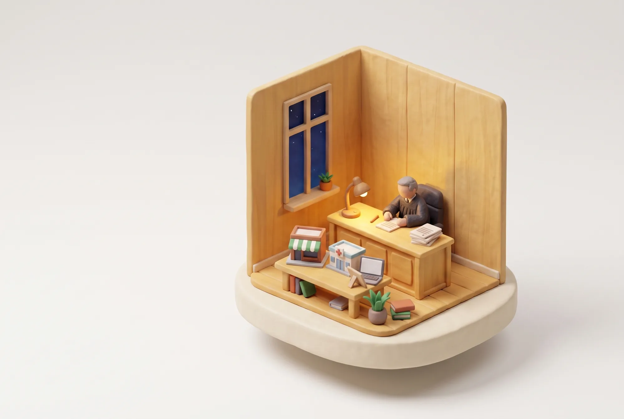 Clay diorama of the judge at a desk at night, considering three miniature businesses: a shopfront, a clinic and a laptop, under a single warm lamp.