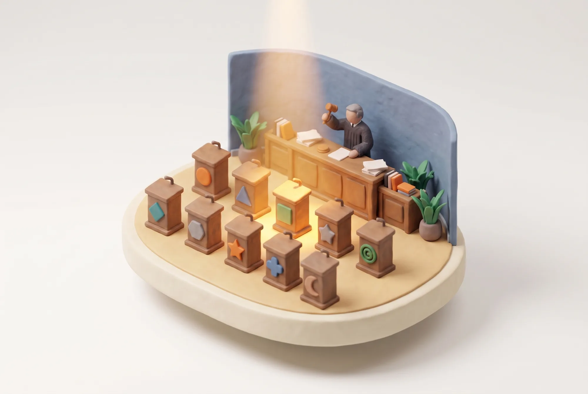 Clay diorama of a warm courtroom with nine podiums, each carrying a different emblem. One podium is lit by an amber shaft while the judge raises a gavel at the bench.