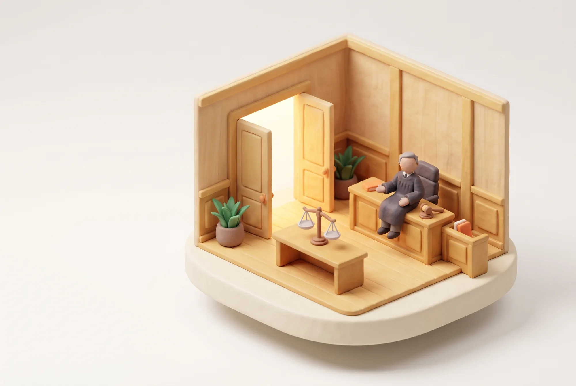 Clay diorama of an open courtroom with daylight through open doors, the judge seated and relaxed with the gavel set down, and a level balance scale nearby.